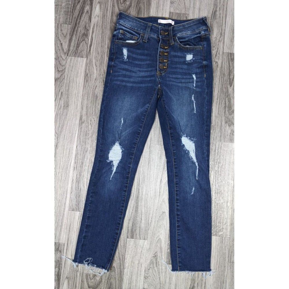 (3/$35) SO Size 0 Mid Rise Distressed Button Fly Fringe Hem Cropped Denim Jeans